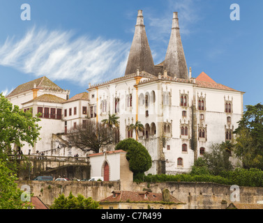 Sintra National Palace (Palacio Nacional de Sintra) also called Town Palace with distinct chimneys on a typical misty day Stock Photo