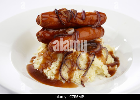 Bangers and mash with onion gravy Stock Photo