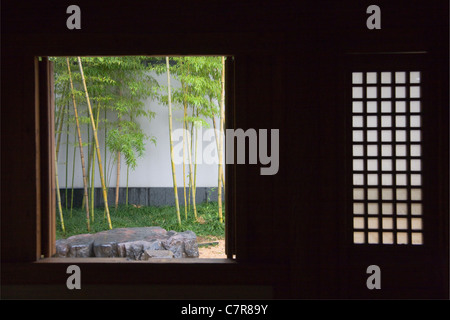 View of bamboo through the window, Suzhou Museum, Suzhou, Jiangsu Province, China Stock Photo