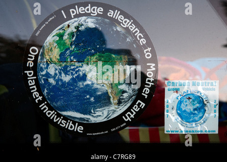 Pledge allegiance to Mother Earth Sticker and Carbon Neutral stickers on a Car Stock Photo