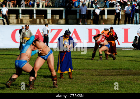 Mongolian wrestlers, Naadam Festival, National Stadium, Ulaanbaatar, Mongolia. Credit Line: © Kraig Lieb Stock Photo