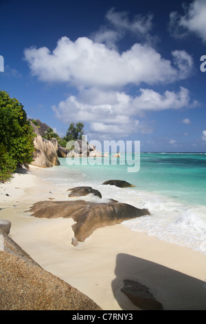 View of the famous beach Anse Source D'Argent at La Digue Island, Seychelles. Stock Photo