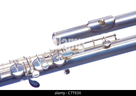 A professional silver alto or bass music flute isolated against a white background in the horizontal format. Stock Photo