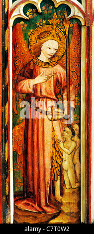 Barton Turf, Norfolk, rood screen, Angels, one of The Nine Orders of Angels, detail, holding spear, Inferior Hierarchy Stock Photo