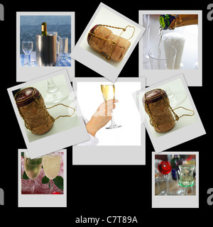 Festive collage of images of champagne and caps on black. Stock Photo