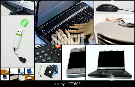Collage of technological themed and communication devices used in business. Stock Photo