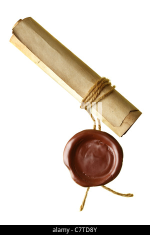 Scroll with wax seal isolated over a white background Stock Photo