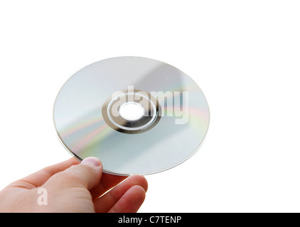 Compact disc n a human hand isolated on white Stock Photo