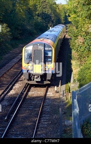 Class 450 train on the South Western mainline (London-Bournemouth) just south of Winchester, Hampshire, England. Stock Photo