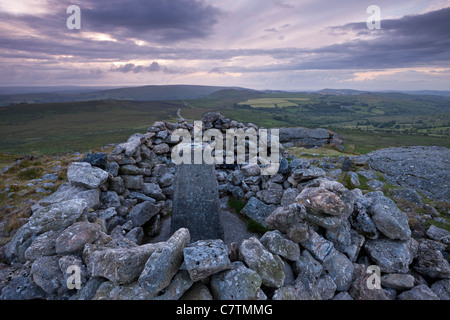 Trig point on the summit of Rippon Tor, Dartmoor National Park, Devon, England. Summer (July) 2011. Stock Photo