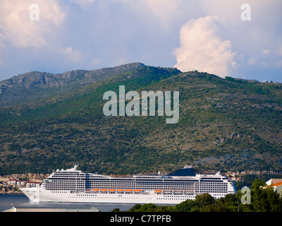 Cruise ship leaving Lapad Peninsular near Dubrovnic in Croatia Stock Photo
