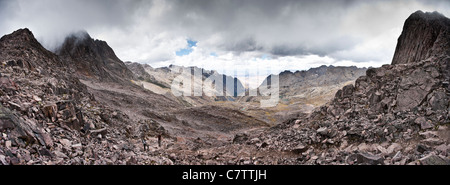 Panoramic scenery from the highest point (4550m asl) of the Lares Trek to Machu Picchu Stock Photo