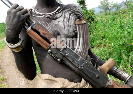 Africa, Ethiopia, South Omo, Mago National Park, Mursi woman with body painting in village Stock Photo