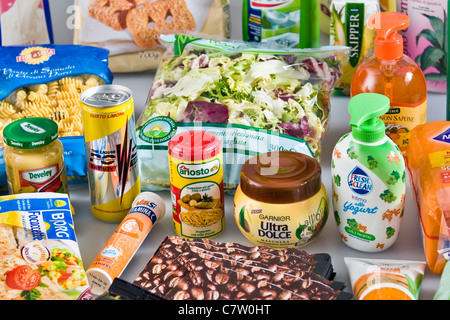 various assorted varieties tin cans of Heinz soups on a kitchen shelf ...