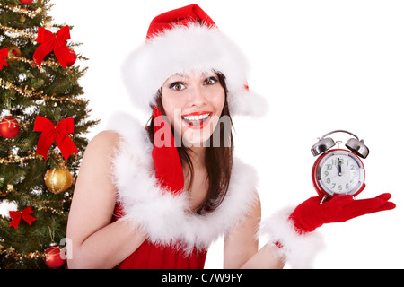 Christmas girl in Santa hat holding stack  gift box. Stock Photo
