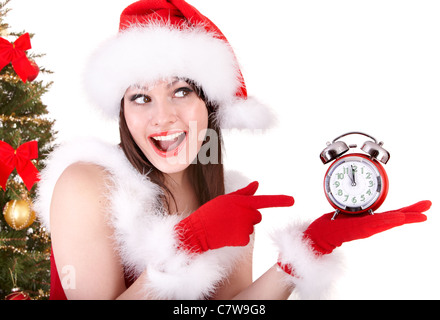 Christmas girl in Santa hat holding stack  gift box. Stock Photo