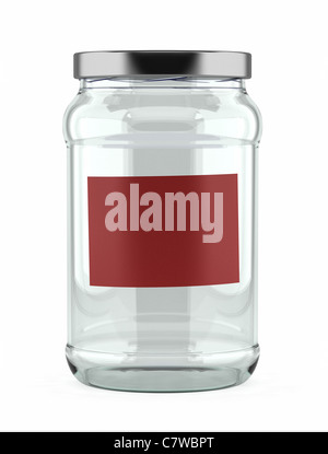 Empty glass jar with red label Stock Photo