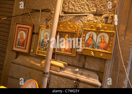 Religious objects for sale, Vucciria, traditional market in Palermo, Sicily, Sicilia, Italy Stock Photo