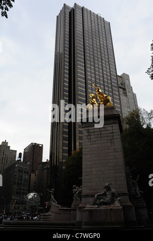 Wet autumn afternoon view, towards Trump International Hotel, Maine Monument, Central Park South, Columbus Circle, New York City Stock Photo