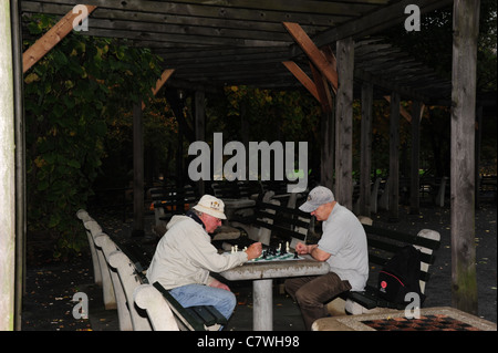 Two elderly men playing chess on a concrete table under a rustic pergola, Chess and Checkers House, Central Park, New York City Stock Photo