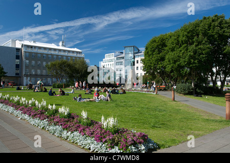 Austurvollur (eastern field ) and the statue of Jon Sigurdsson in the centre of Reykjavik, the capital of Iceland. Stock Photo