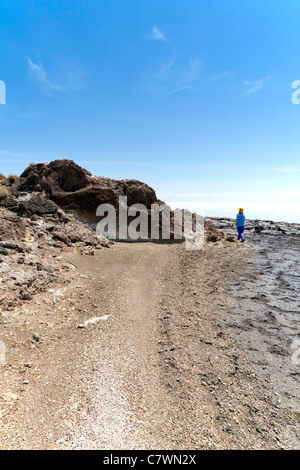 Woman walking on Isla Pescado, Fish Island, Uyuni Salt Lake, Bolivia Stock Photo