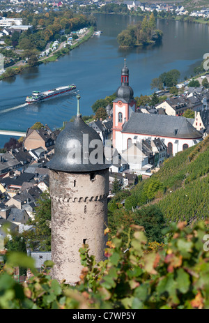 View of Zell village from vineyard on River Mosel in Germany Stock Photo