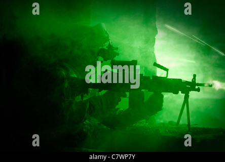 Night vision view of a U.S. Army Ranger in Afghanistan combat scene. Stock Photo