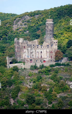 Castle Burg Maus or Mouse Castle on hill above Wellmich village on River Rhine in Rhineland Germany Stock Photo