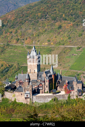 View of Cochem Castle above town of Cochem on Mosel River in Germany Stock Photo