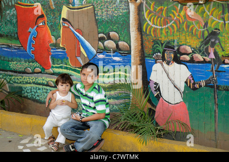Managua Nicaragua,Central America,Bolonia,wall mural,restaurant restaurants food dining cafe cafes,outside exterior,front,entrance,art,indigenous scen Stock Photo