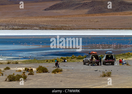 Tourists stopping for lunch at a lagoon in the Reserva de Fauna Andina Eduardo Avaroa, Bolivia Stock Photo