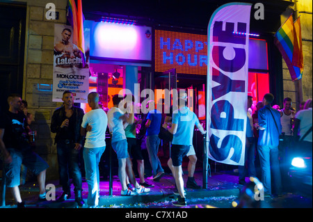Paris, France, Crowd People outside on Street,  'Spyce' Gay Bar, Open Late at Night in the Marais Gay District (now closed) Front Night, gentrification Stock Photo
