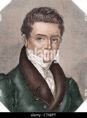 Washington Irving (1783-1859). American author, essayist, biographer and historian. Colored engraving. Stock Photo