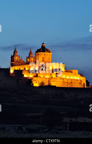 Night shot of Mdina, also known as the silent city, and Malta's former capital city, Malta Stock Photo