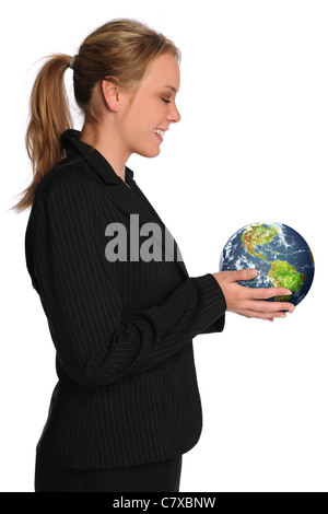 Young Businesswoman's profile holding Planet Earth isolated on a white background Stock Photo