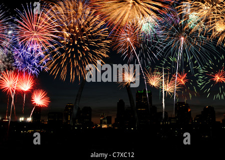 Fireworks of multiple colors over Saint Louis with the arch and skyline Stock Photo