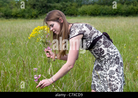 Attractive young caucasian woman picking wildflowers in meadow on summers day in Bristol, England, uk Stock Photo
