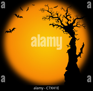 Halloween background illustration with bat and tree silhouette Stock Photo