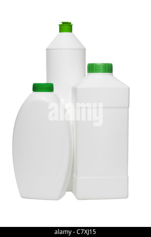 Three plastic bottles for household cleaning products on white background Stock Photo