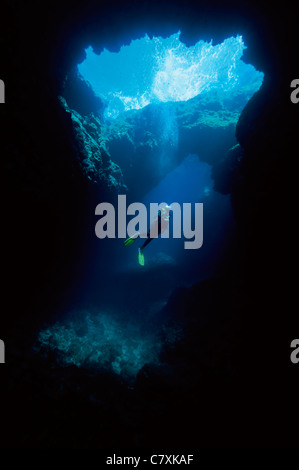 Scuba Diver in Blue Hole, Vela Luka, Korcula, Dalmatia, Croatia Stock Photo