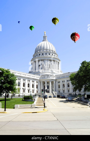 Hot Air Balloons over the State Capitol Building in Madison Wisconsin Stock Photo