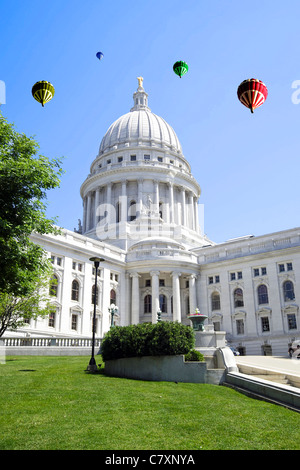 Hot Air Balloons over the State Capitol Building in Madison Wisconsin Stock Photo