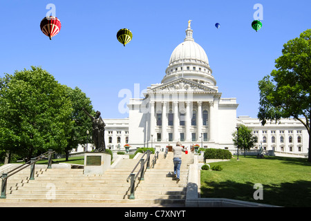 Hot Air Balloons over the State Capitol Building in Madison Wisconsin Stock Photo