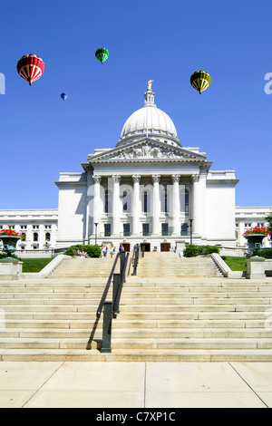 Hot Air Balloons over the State Capitol Building in Madison Wisconsin Stock Photo