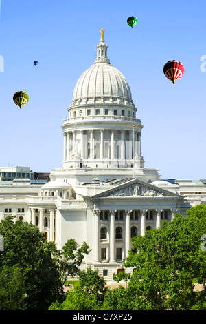 Hot Air Balloons over the State Capitol Building in Madison Wisconsin Stock Photo