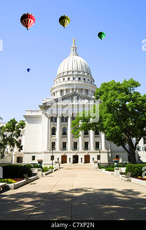 Hot Air Balloons over the State Capitol Building in Madison Wisconsin Stock Photo