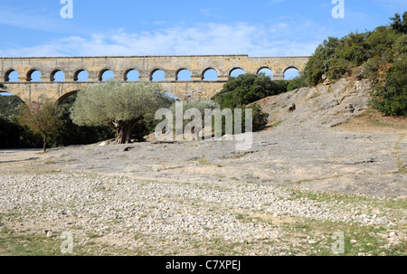 Ancient Roman aqueduct bridge from 1st century AD called Pont du Gard over Gard River near Remoulins, Gard departement in France Stock Photo