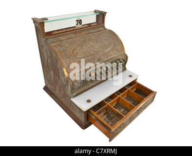 Vintage cash register and 1930's coins with money drawer open. Stock Photo