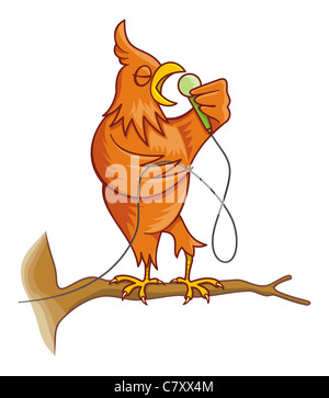 Cartoon illustration of an orange canary bird on a tree branch singing. Stock Photo